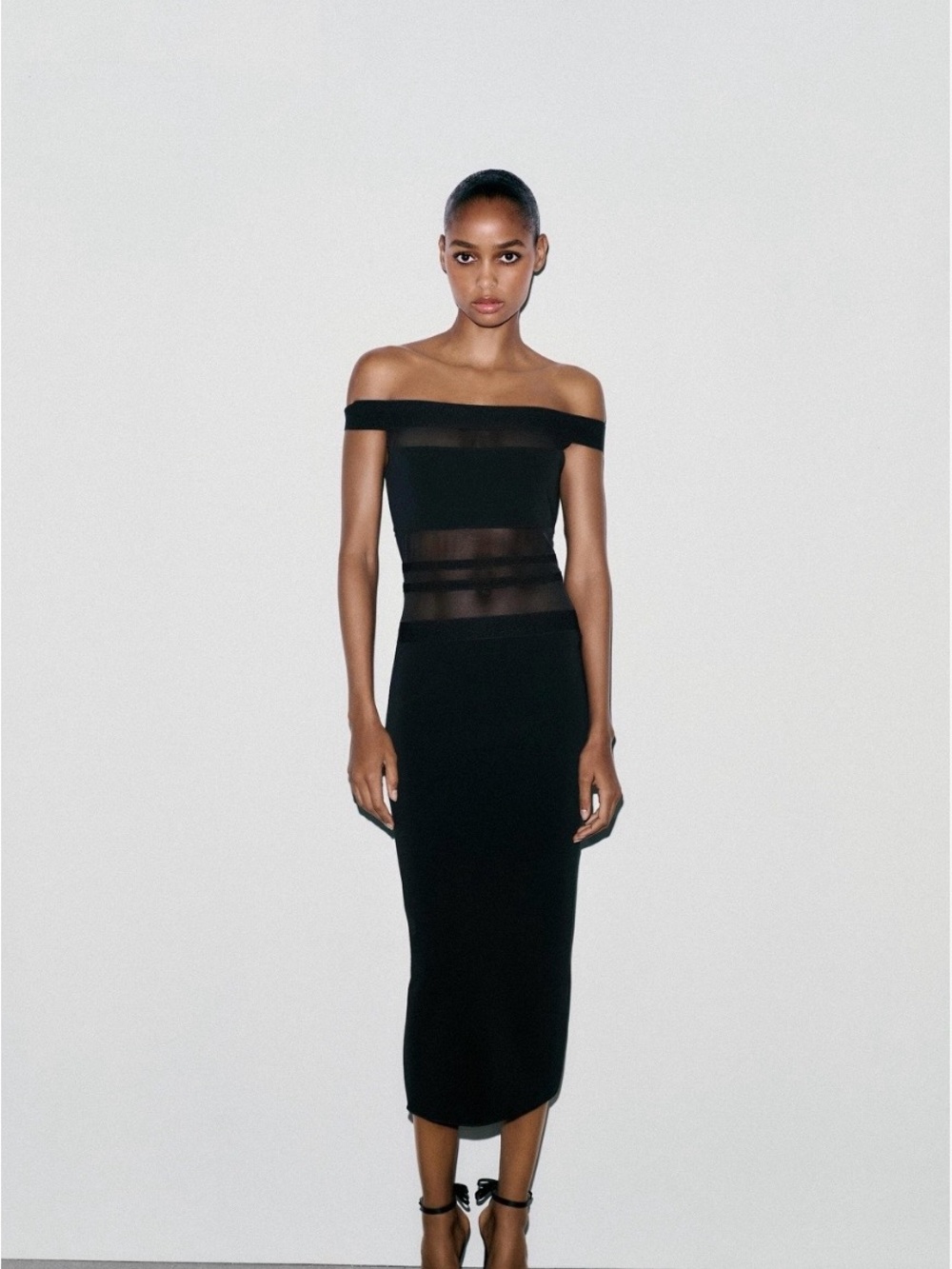 Zara Off-Shoulder Black Sheer-Panel Midi Dress